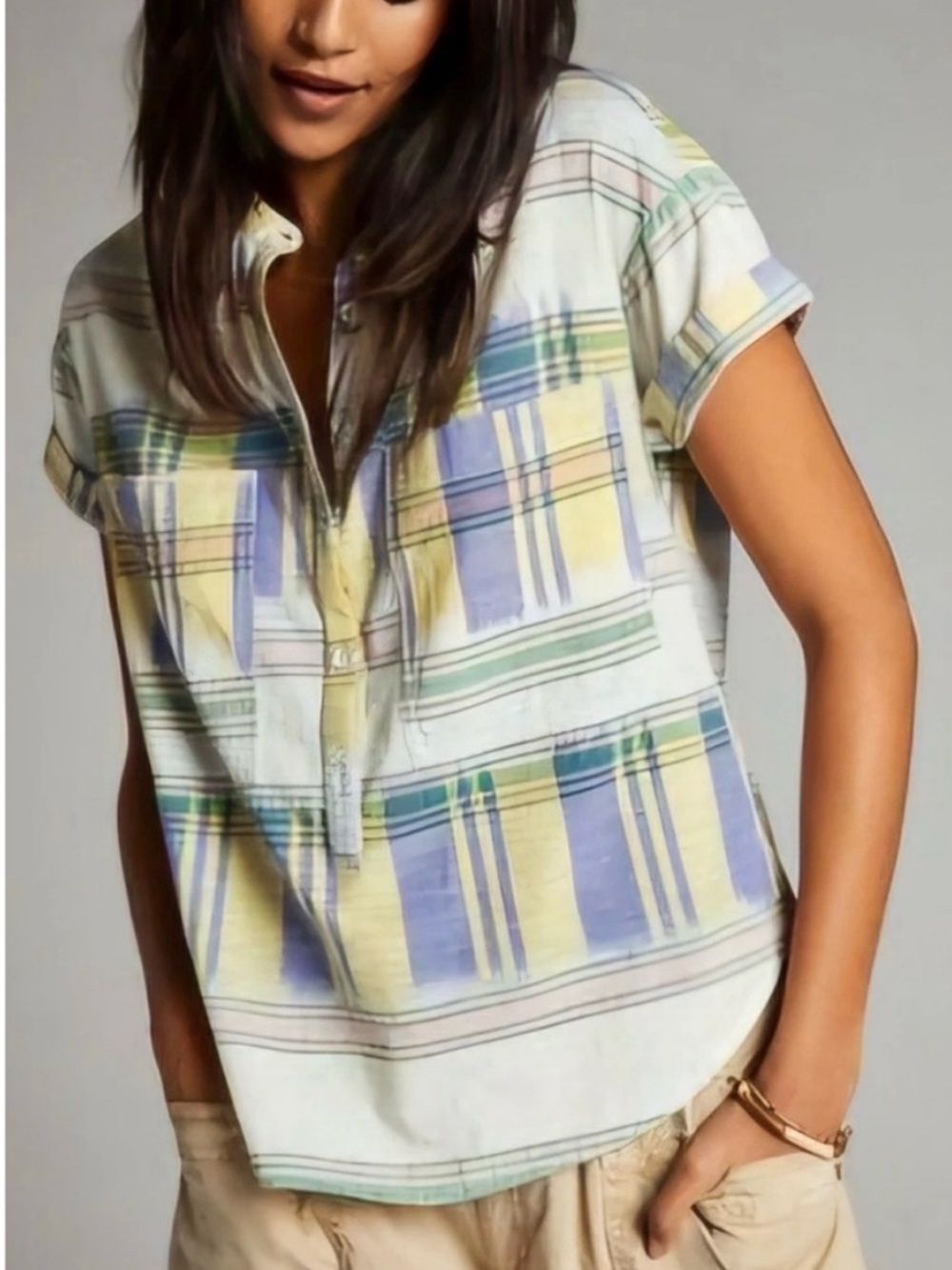 Anthropologie Pilcro Hannah Plaid Top Preppy Nautical Coastal Summer Size S